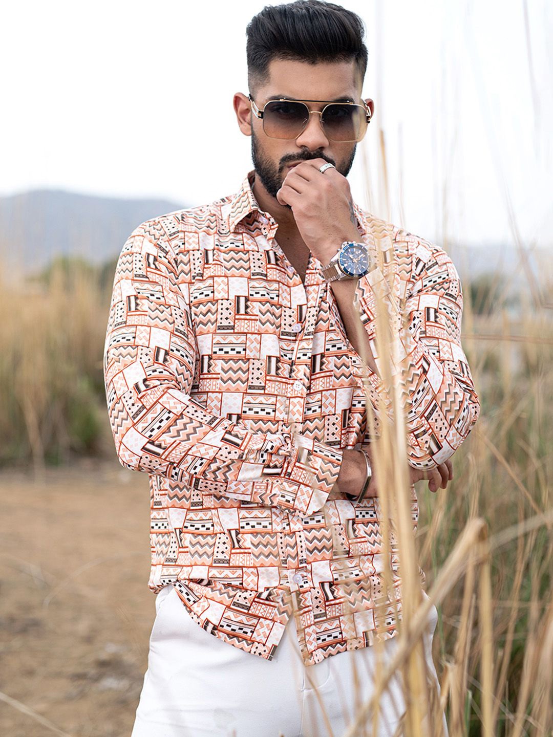 

Tistabene Men Standard Spread Collar Abstract Printed Crepe Casual Shirt, Orange