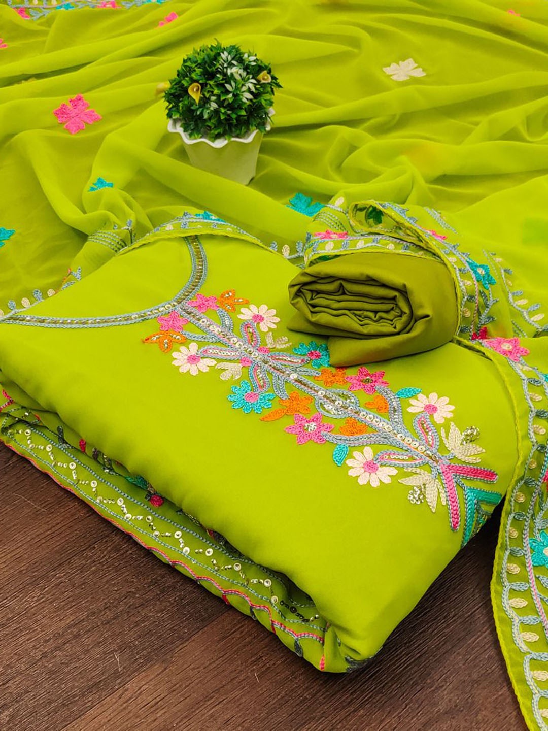 

APNISHA Floral Embroidered Thread Work Silk Georgette Unstitched Dress Material, Lime green