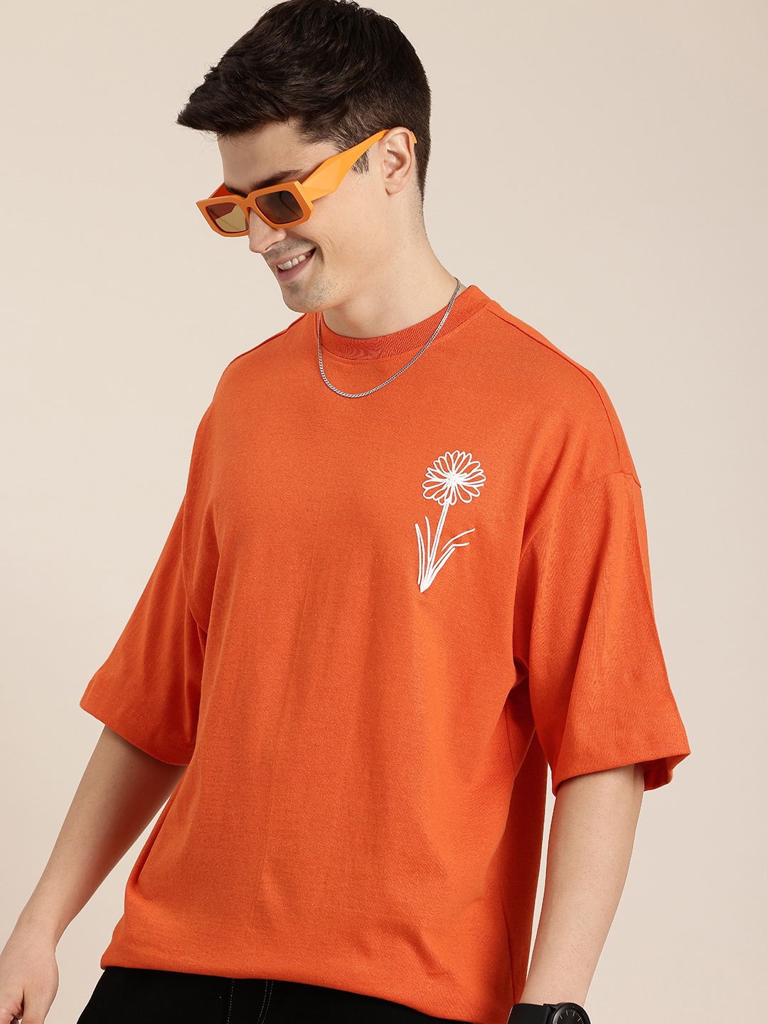

HERE&NOW Men Drop-Shoulder Sleeves T-shirt, Orange