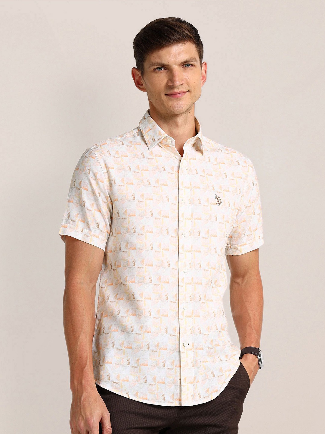 

U.S. Polo Assn. Men Modern Conversational Printed Cotton Slim Fit Casual Shirt, White