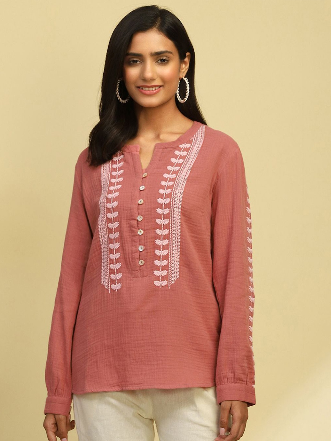 

Biba Cotton Embroidered Straight Tunic, Pink