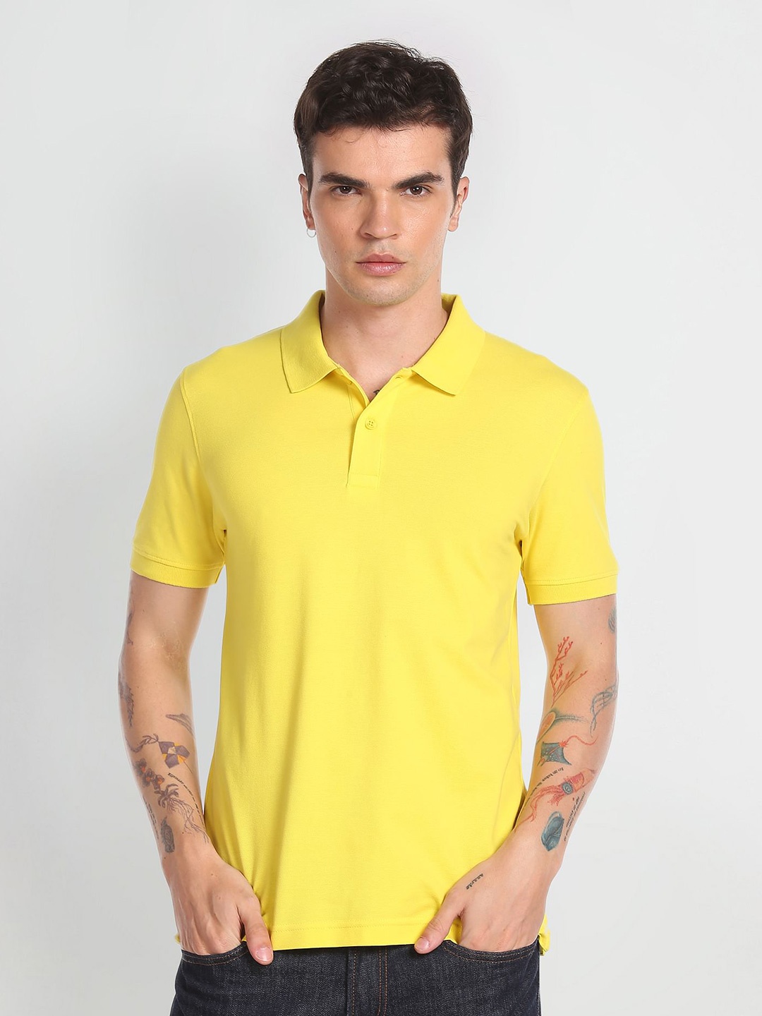 

Flying Machine Men Yellow Polo Collar Extended Sleeves Applique T-shirt