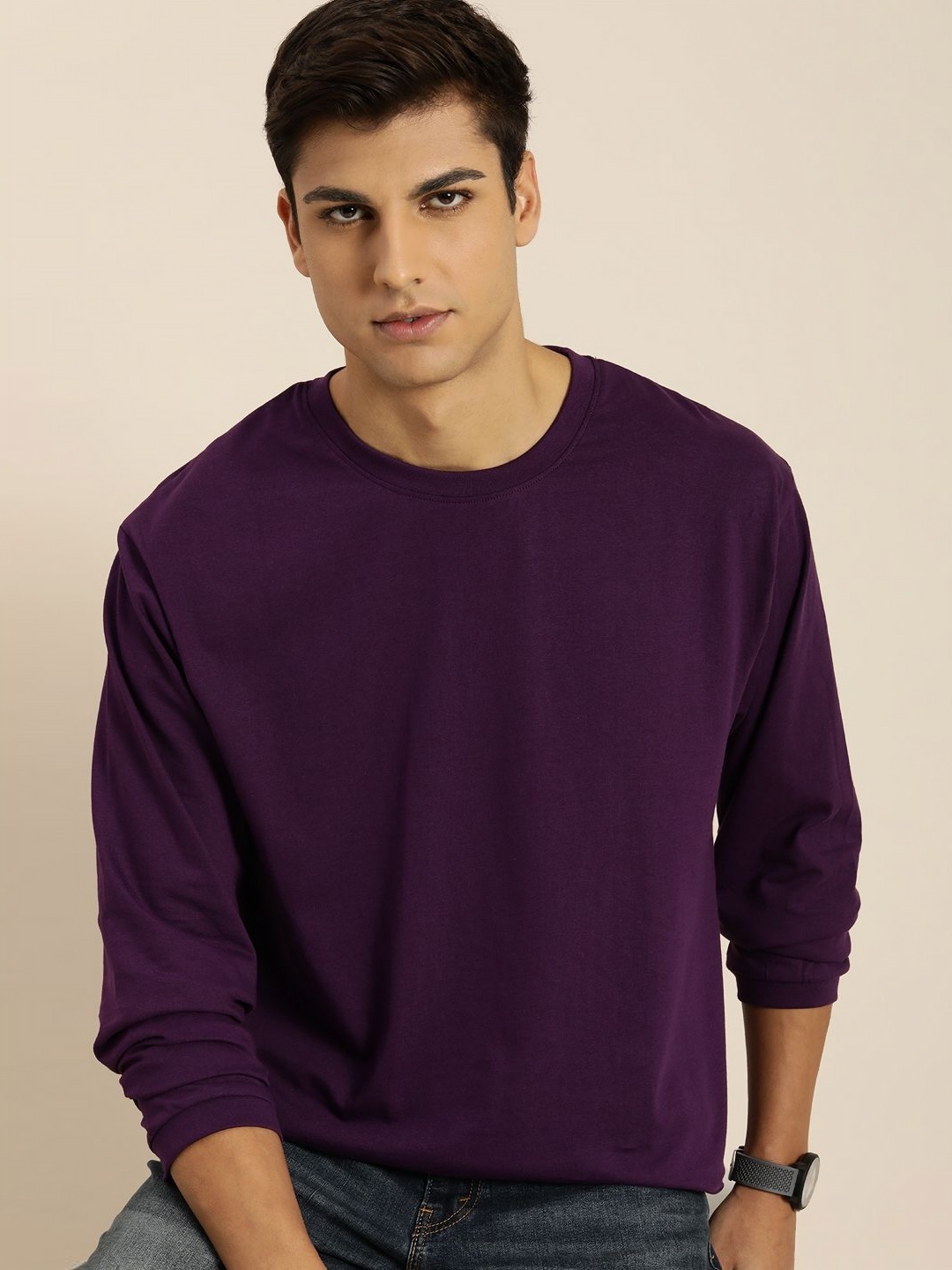 

DILLINGER Men Solid Round Neck Cotton Oversized T-Shirt, Purple