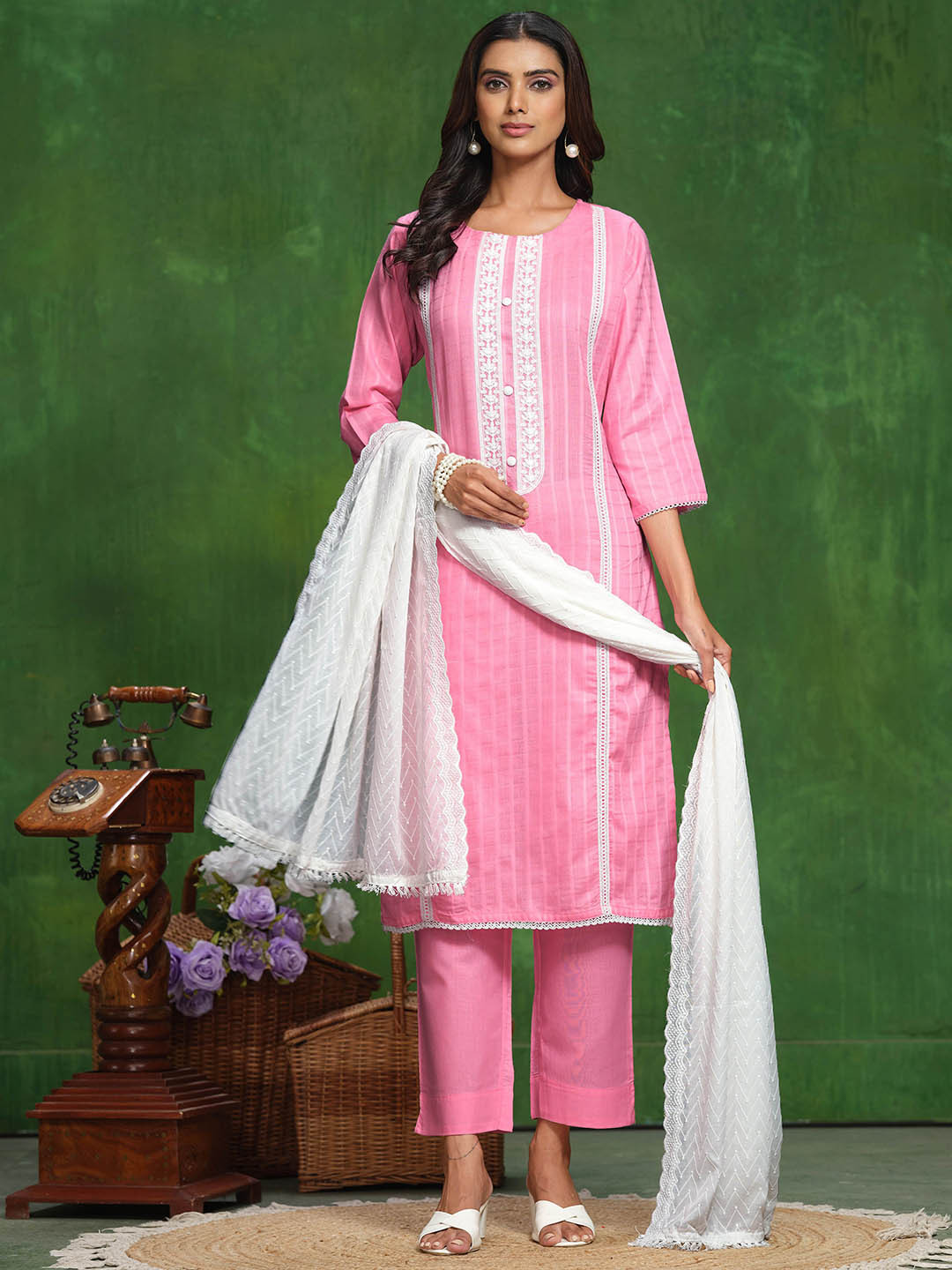 

Sangria Pink Floral Embroidered Pure Cotton Straight Kurta With Trouser & Dupatta