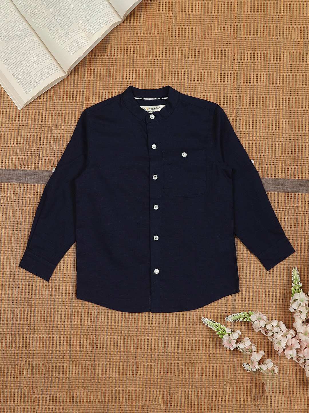 

The Lion and The Fish Boys Comfort Band Collar Solid Cotton Relaxed Fit Casual Shirt, Navy blue