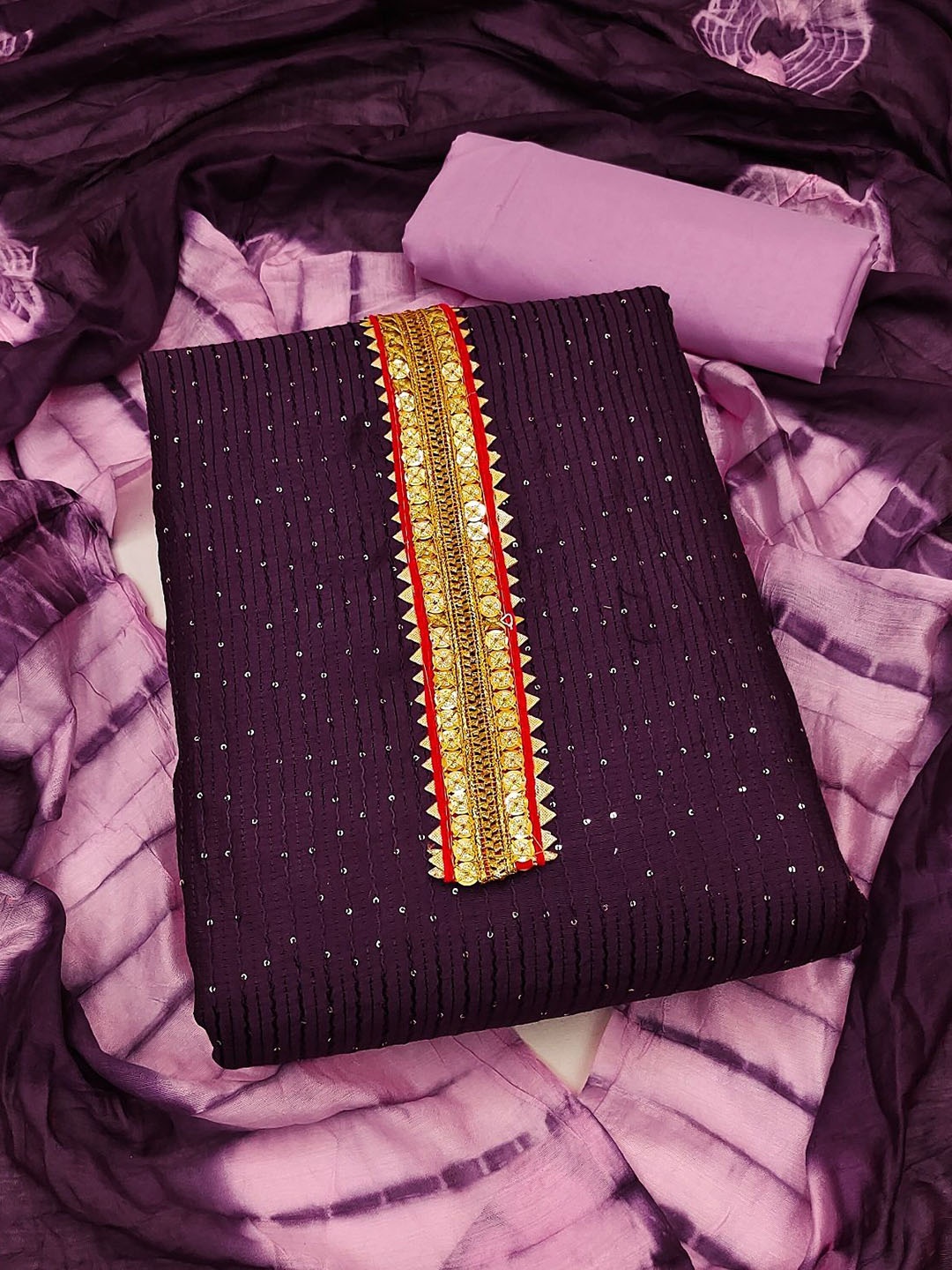 

JULEE Ethnic Motifs Embroidered Sequinned Unstitched Dress Material, Purple