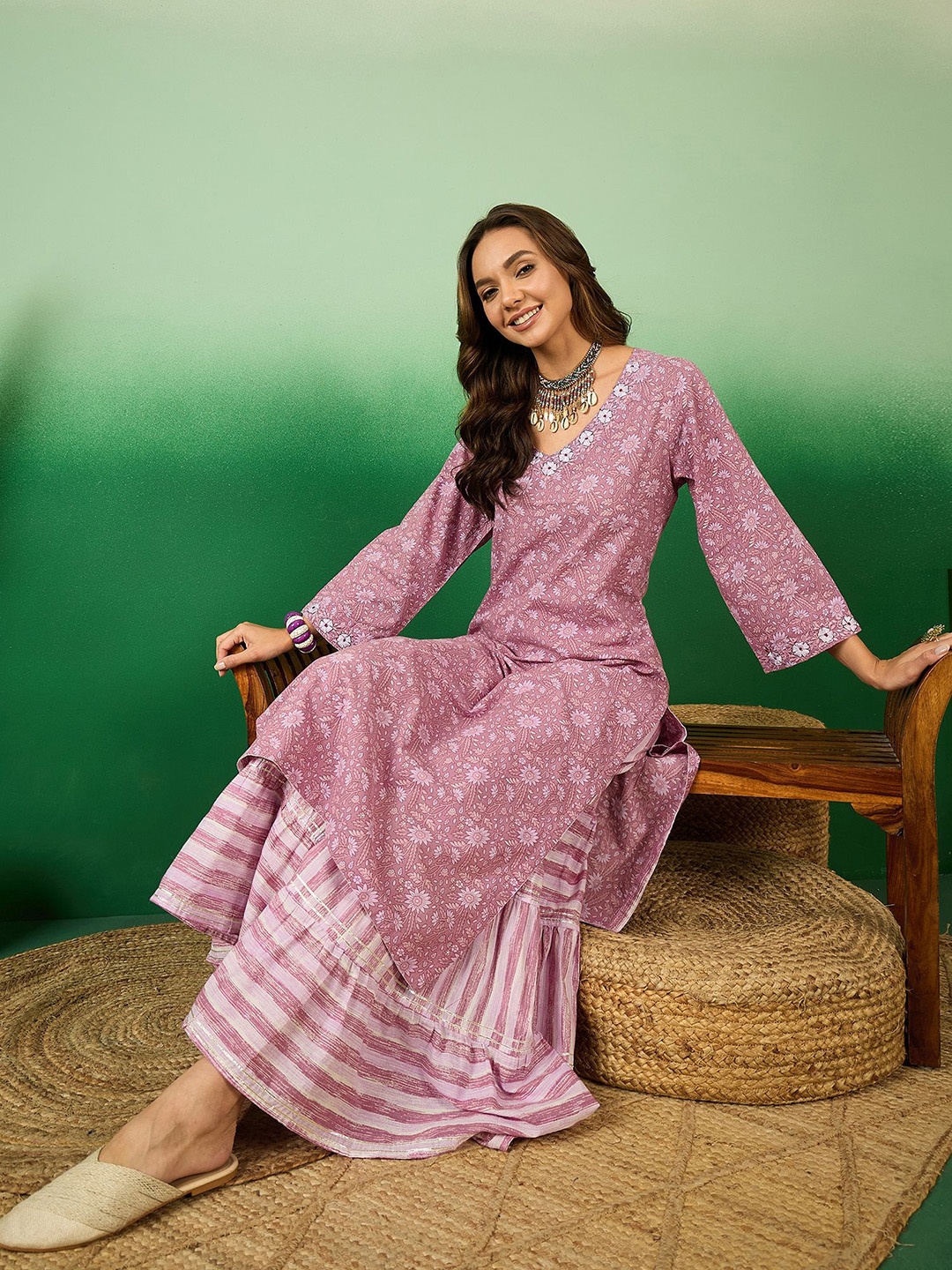 

Sangria Pink Floral Printed Pure Cotton Straight Kurta With Sharara