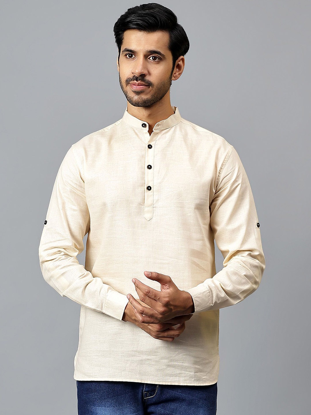 

Yugnik Mandarin Collar Roll-Up Sleeves Pure Cotton Short Kurta, Beige