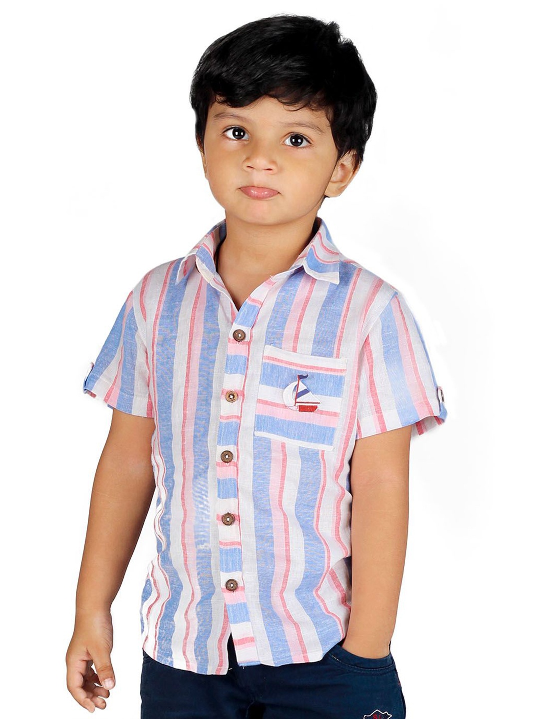 

Little Llama Boys Comfort Spread Collar Multi Striped Linen Casual Shirt, White