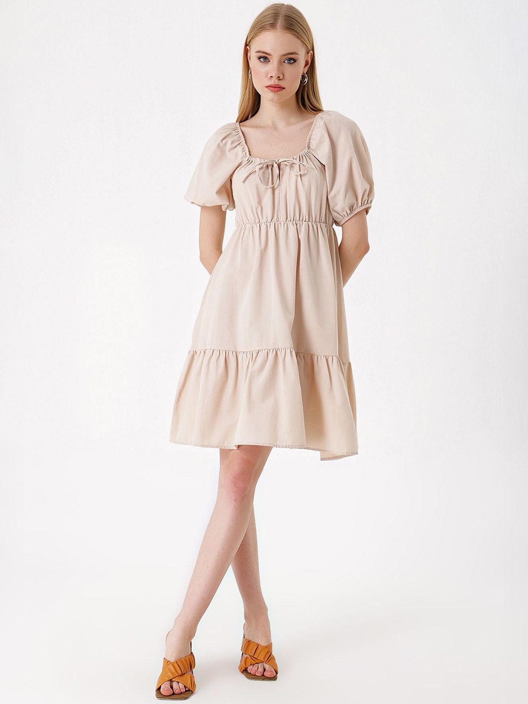 

BIGDART Solid Tie-Up Neck Above Knee A-Line Dress, Beige