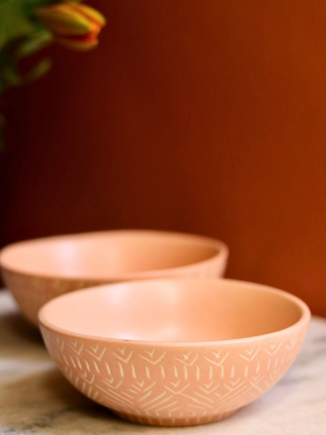 

WEAVING HOMES Pink & Cream Coloured 2 Pieces Textured Ceramic Curry Bowls