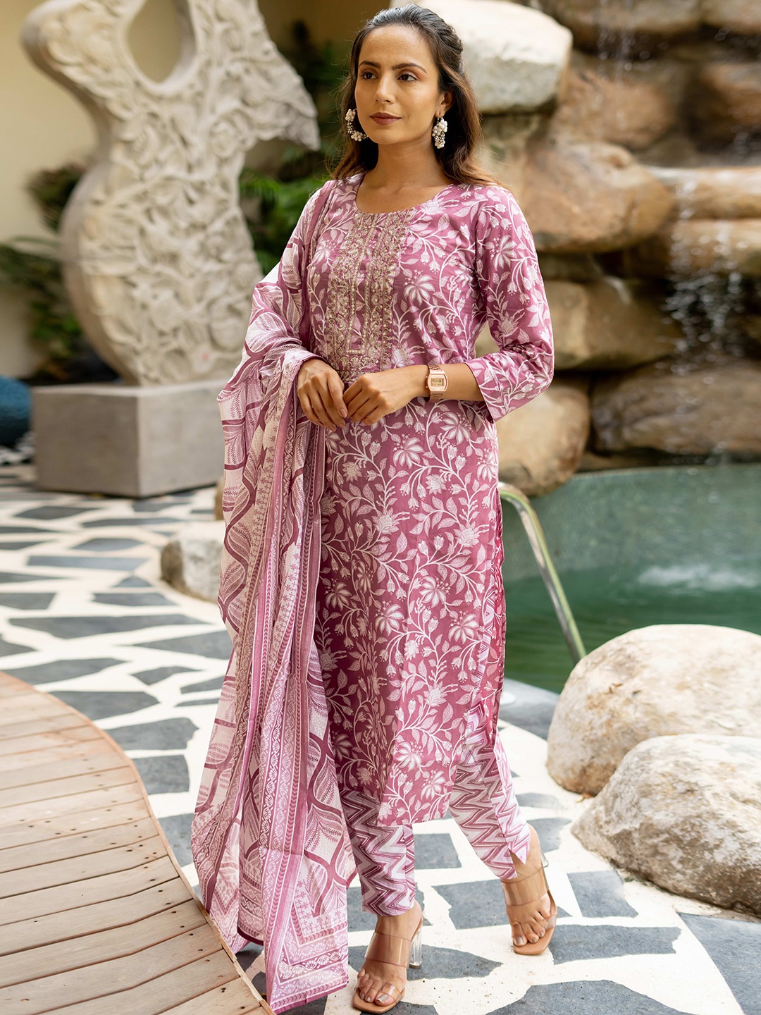 

KALINI Floral Printed Sequinned Pure Cotton Kurta with Trousers & Dupatta, Pink