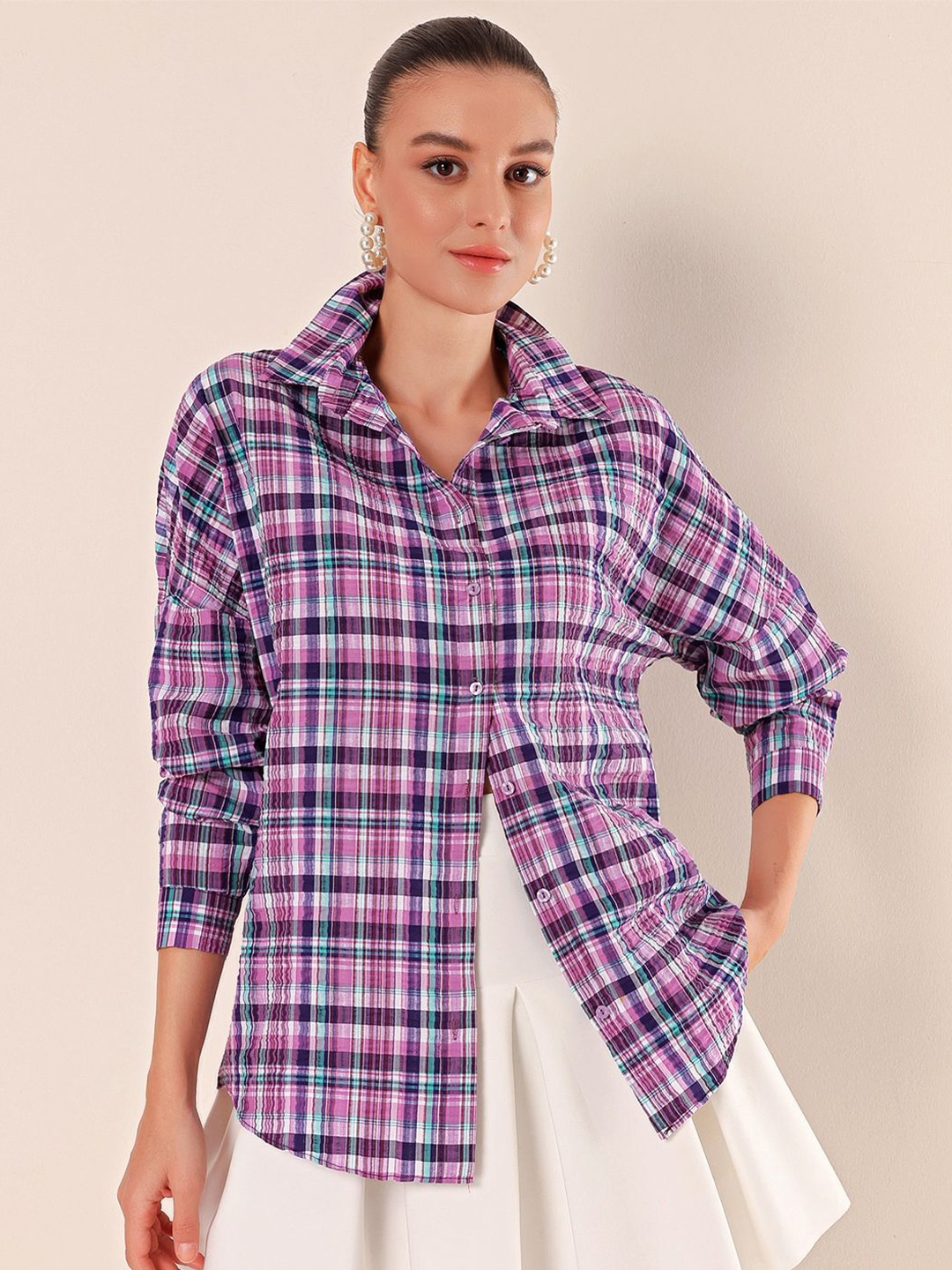 

BIGDART Women Spread Collar Tartan Checked Casual Shirt, Purple