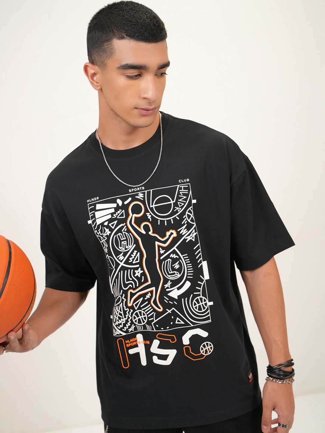 

HIGHLANDER Puff Printed Graphic Printed Dropshoulder Oversized T-shirt, Black