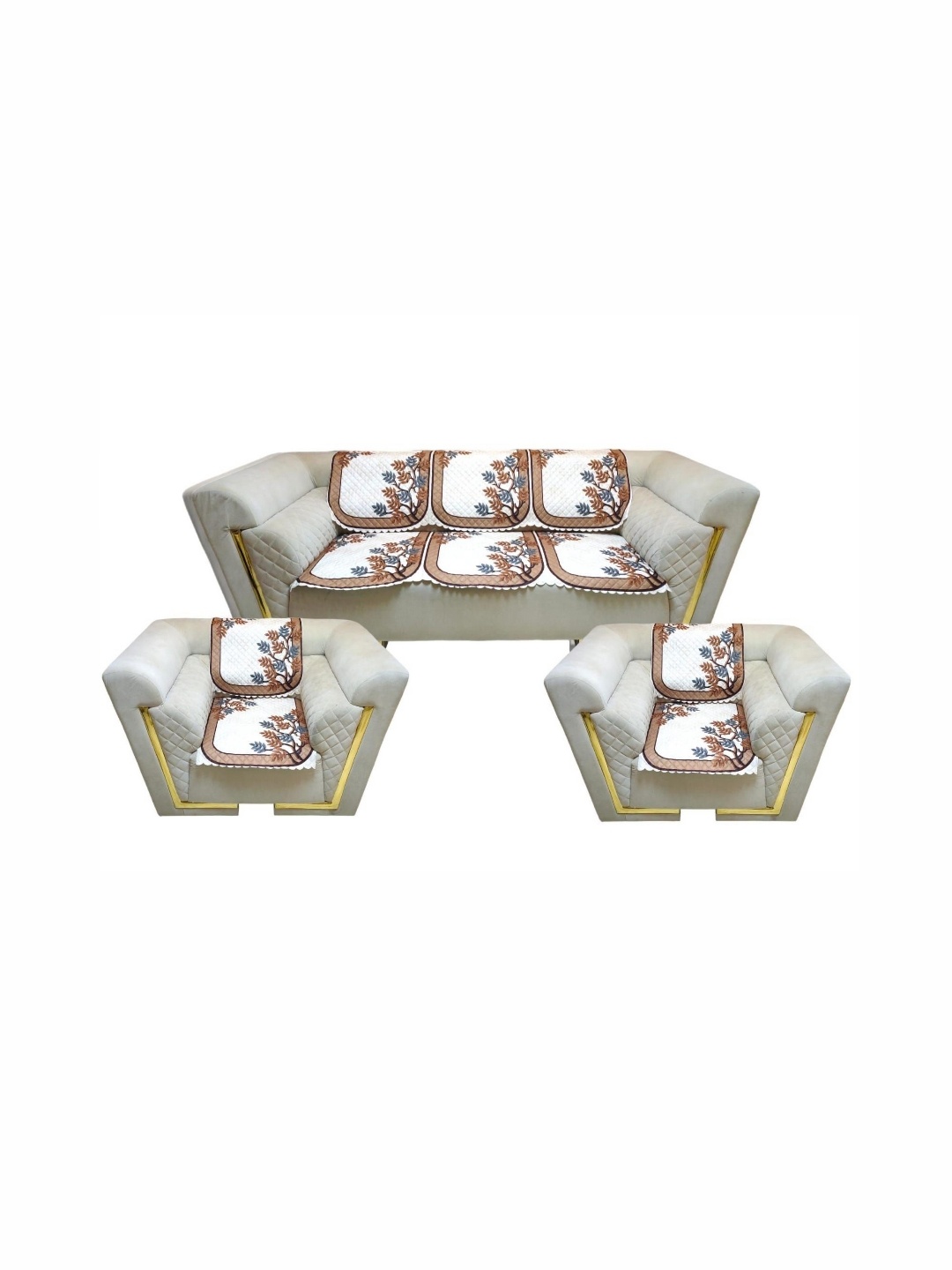 

TANLOOMS Cream & White 6 Pieces Printed Velvet 5 Seater Sofa Cover
