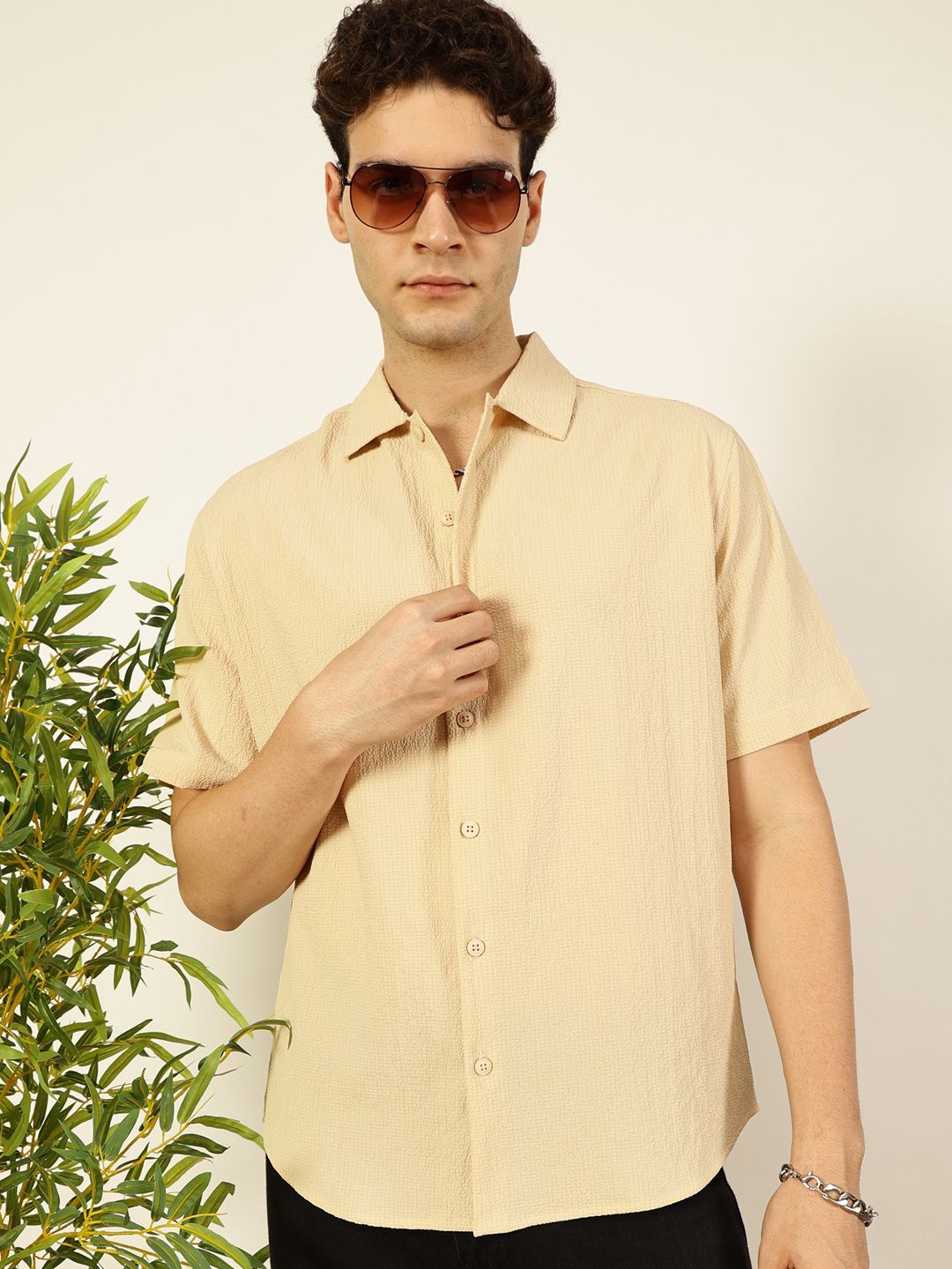 

Thomas Scott Men Premium Spread Collar Textured Cotton Casual Shirt, Beige