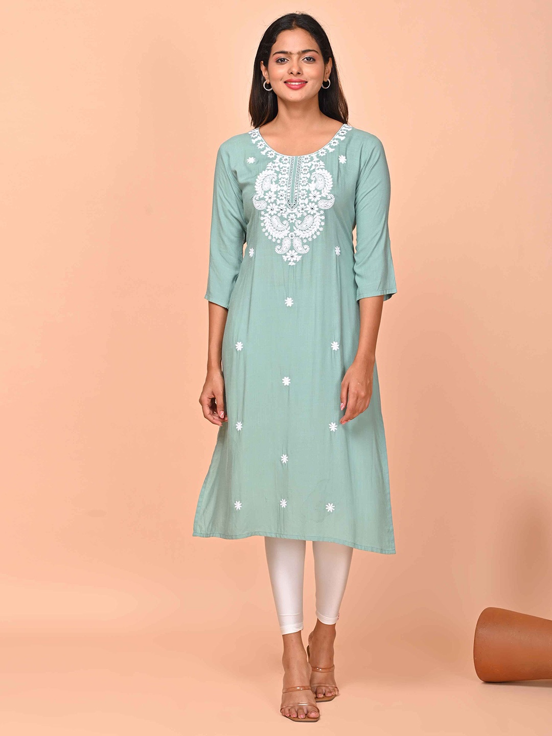 

GOLDSTROMS Floral Embroidered Mirror Work Straight Kurta, Green