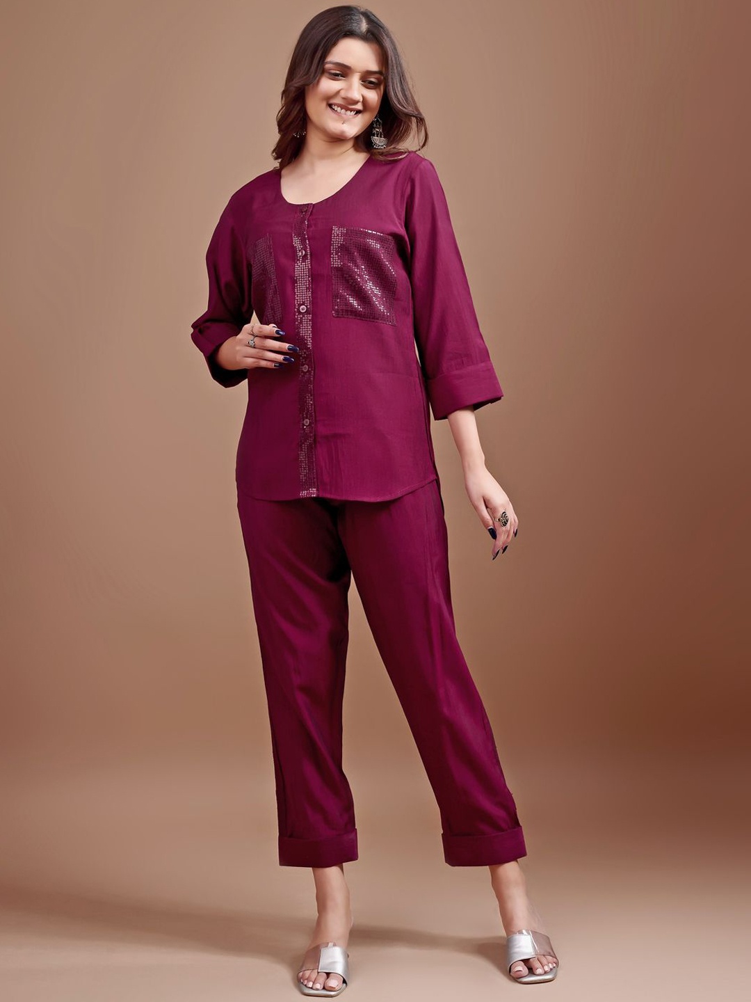 

Tikhi Imli Embellished Shirt With Trousers, Magenta