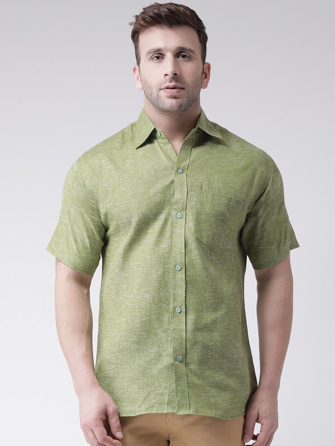 

KLOSET BY RIAG Men Classic Spread Collar Solid Cotton Linen Casual Shirt, Green