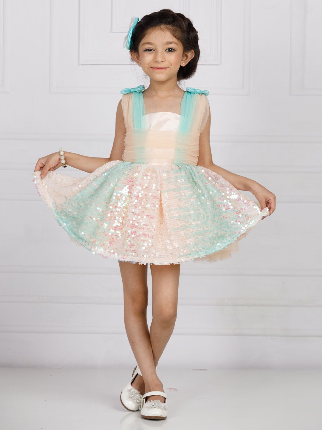

The Lush Affair Girls Net Fit & Flare Party Dress, Peach