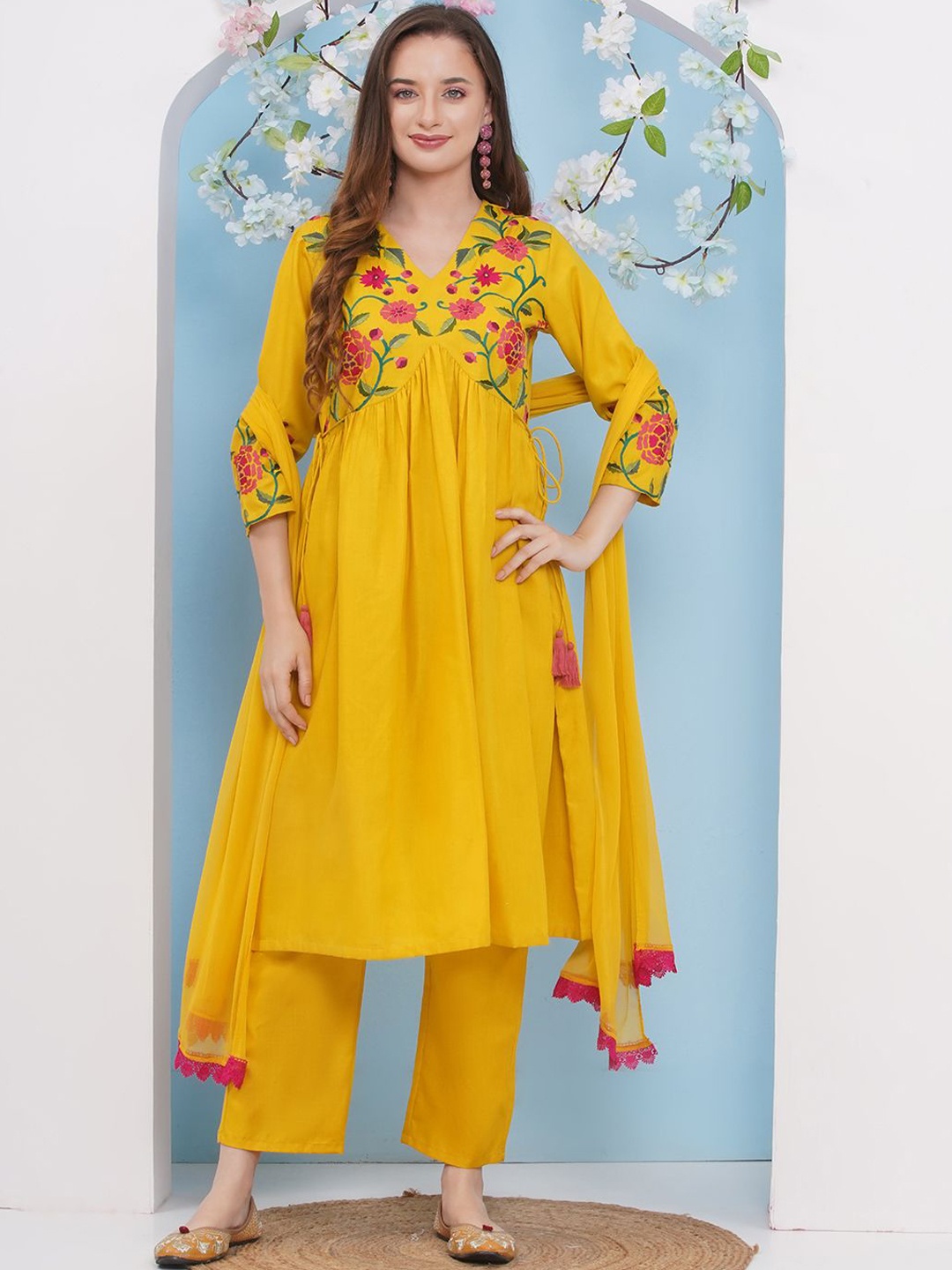 

Bhama Couture Floral Embroidered Anarkali Kurta With Palazzos & Dupatta, Yellow