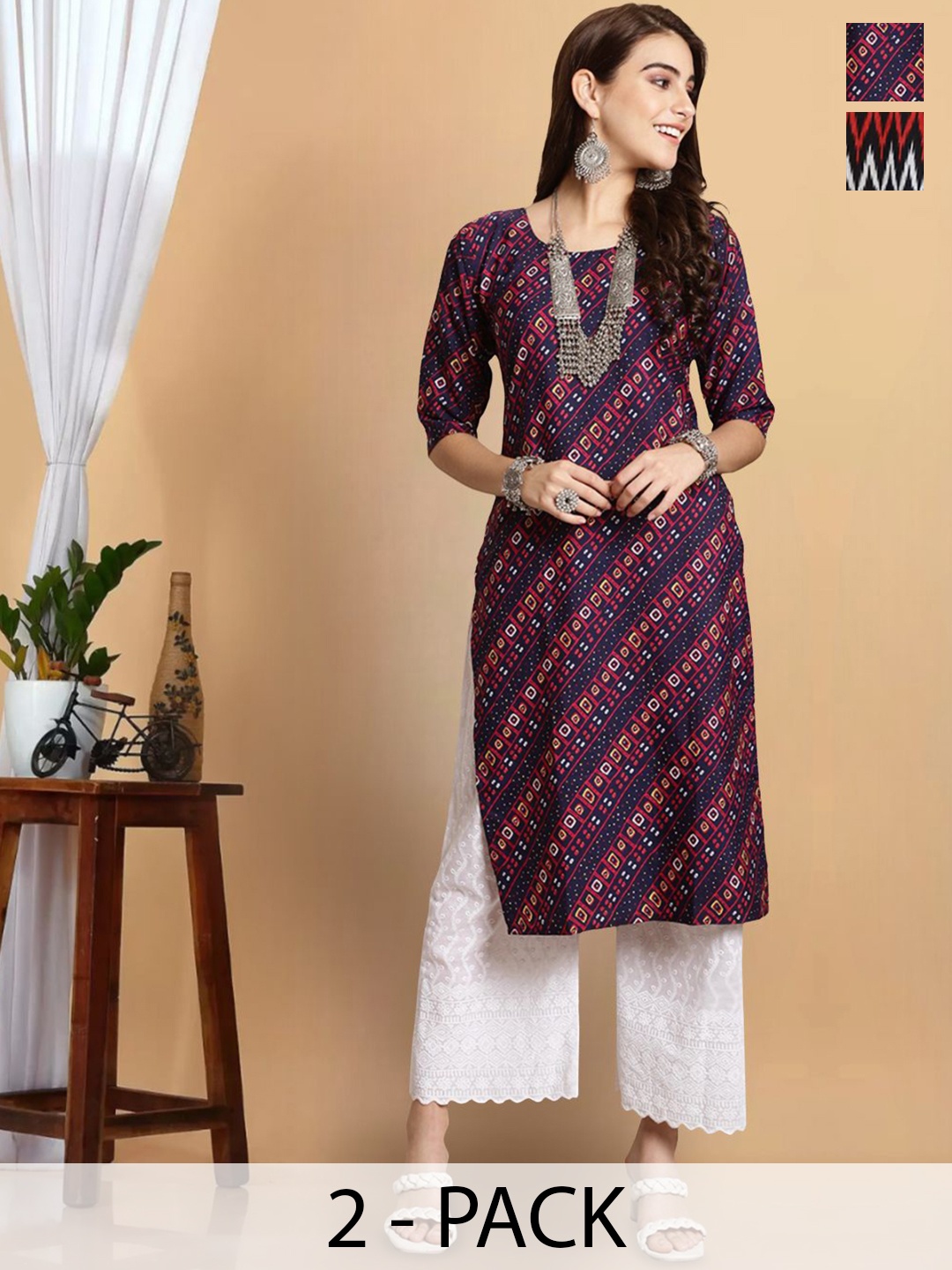 

7Threads Selection Of 2 Geometric Printed Round Neck Crepe Straight Kurta, Blue