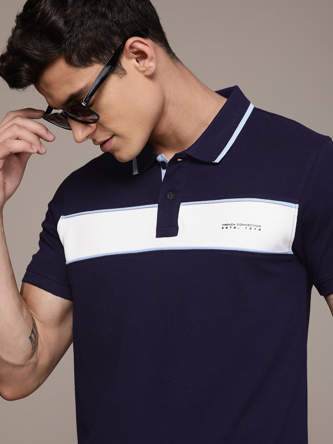 

French Connection Men Pure Cotton Colourblocked Polo Collar T-shirt, Navy blue