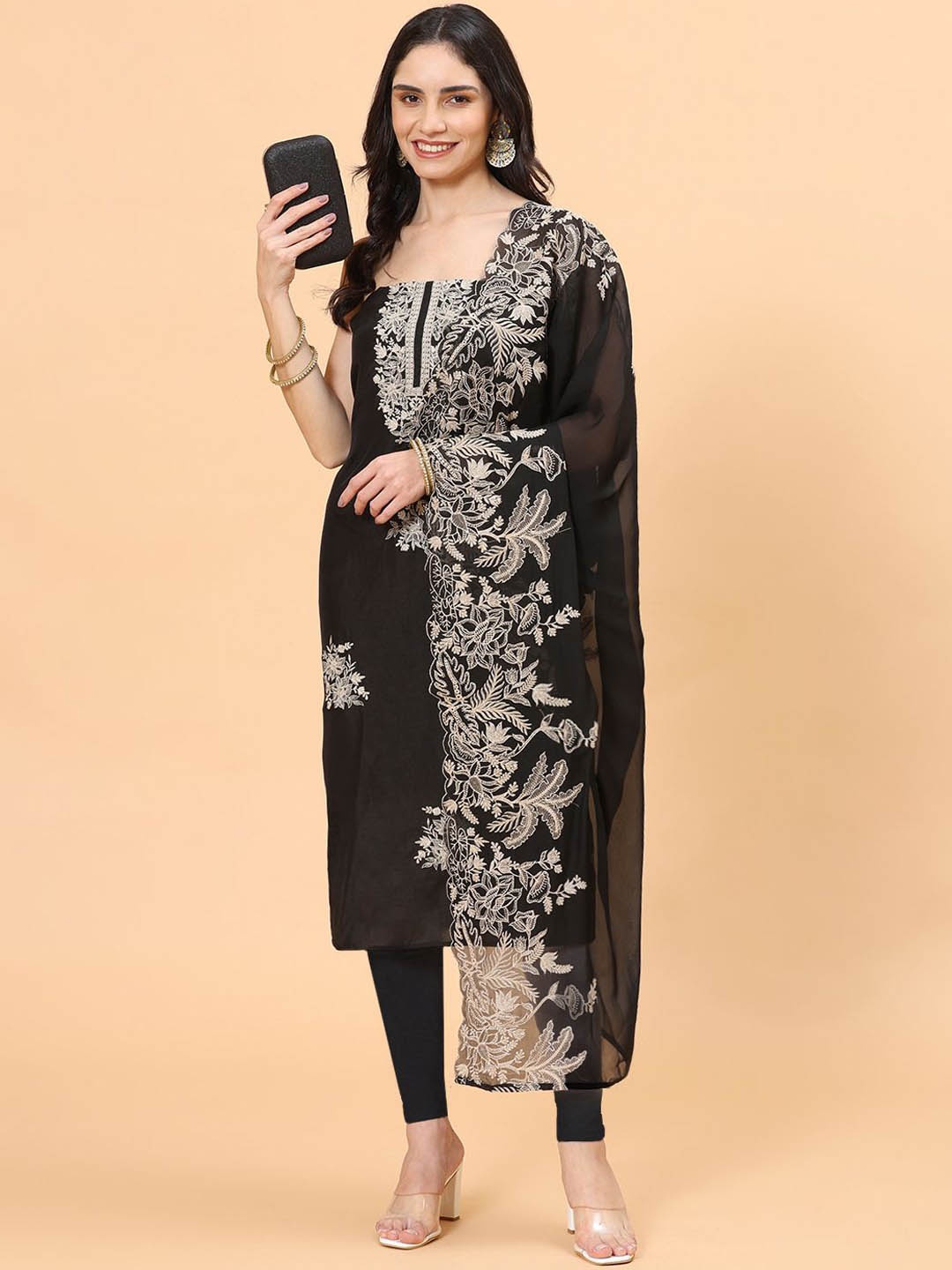 

Meena Bazaar Floral Embroidered Unstitched Dress Material, Black