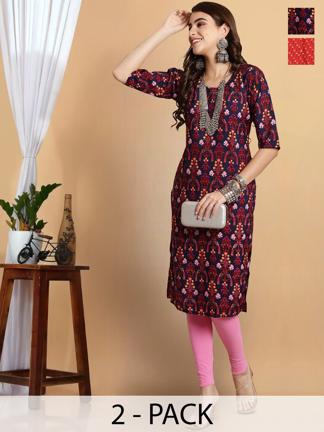 

7Threads Selection Of 2 Printed Straight Kurtas, Navy blue