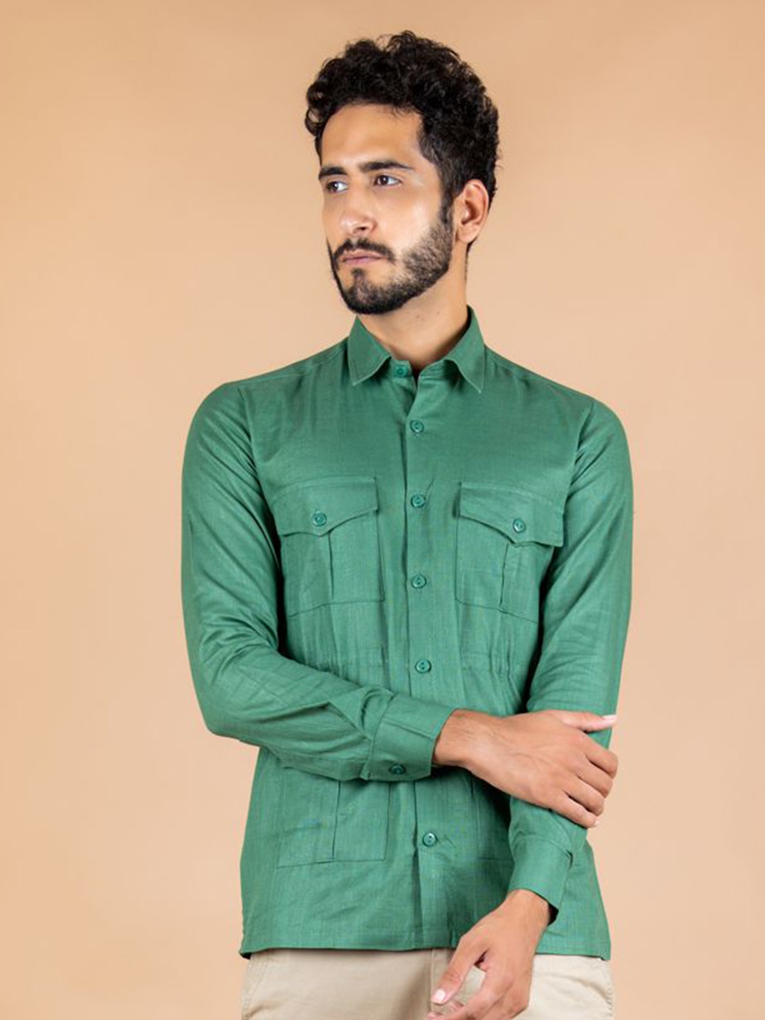 

Tistabene Men Standard Spread Collar Solid Linen Casual Shirt, Green