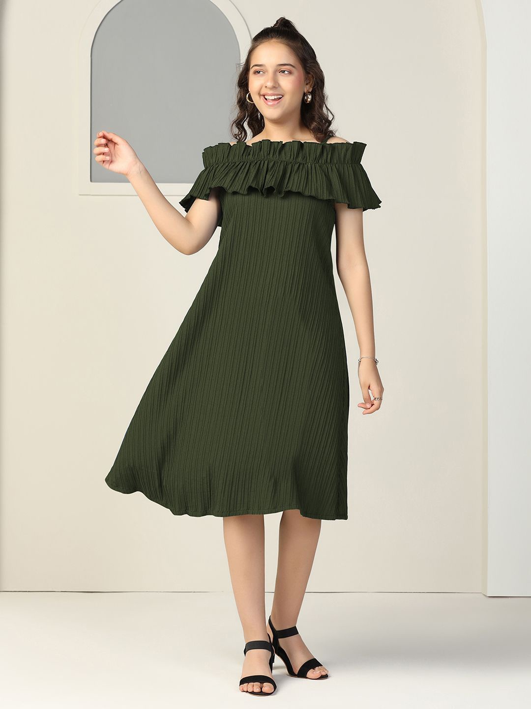 

OMPAX Off-Shoulder A-Line Dress, Green