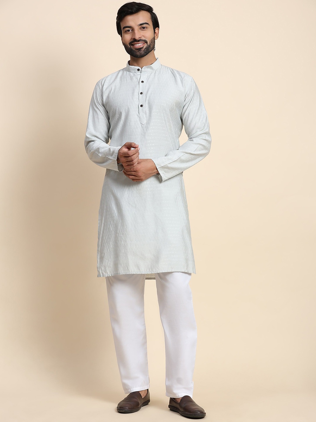 

Rawayi Geometric Woven Design Mandarin Collar Pure Cotton Straight Kurta, Grey