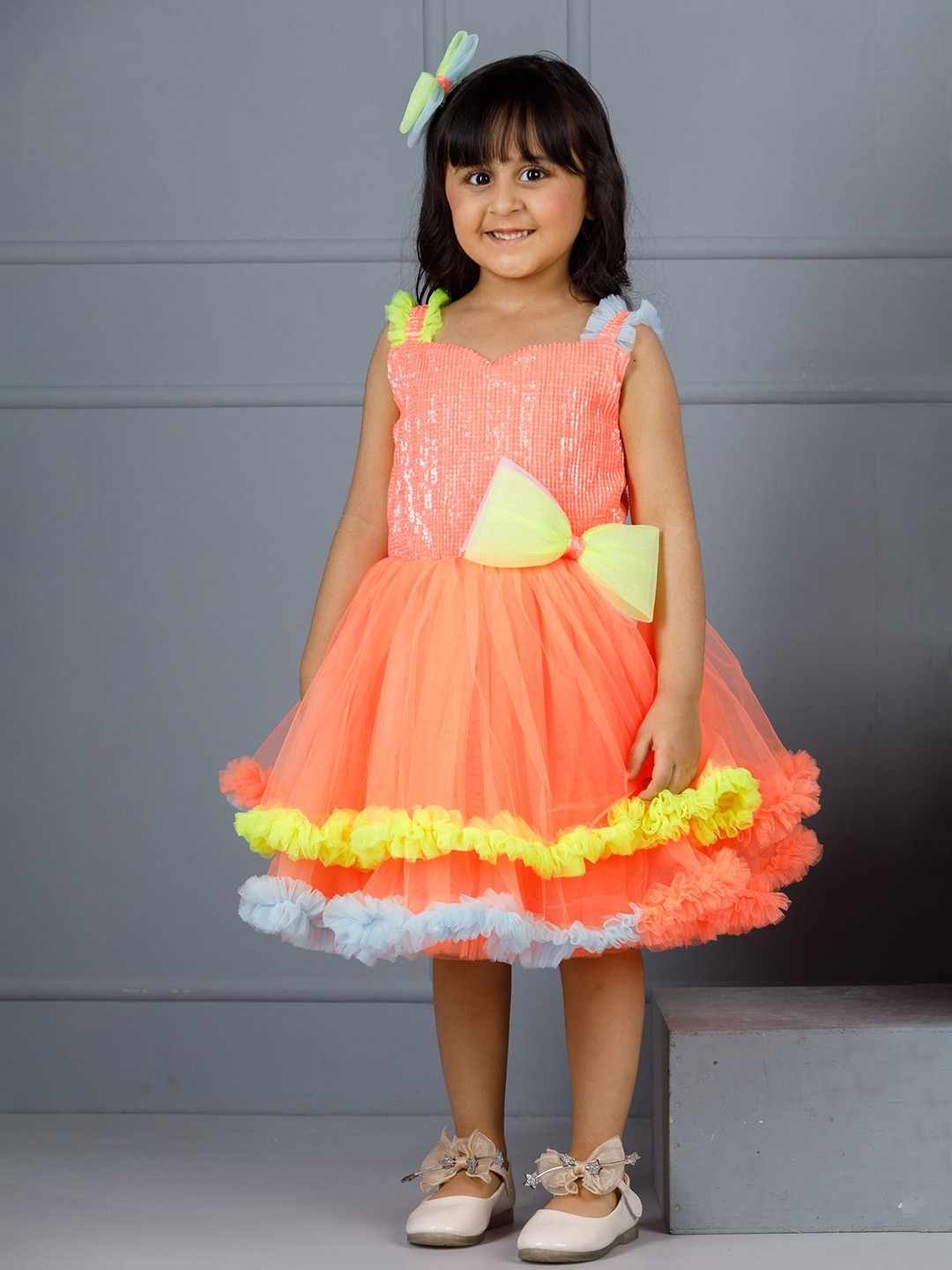 

The Lush Affair Girls Embellished Net Fit & Flare Dress, Orange