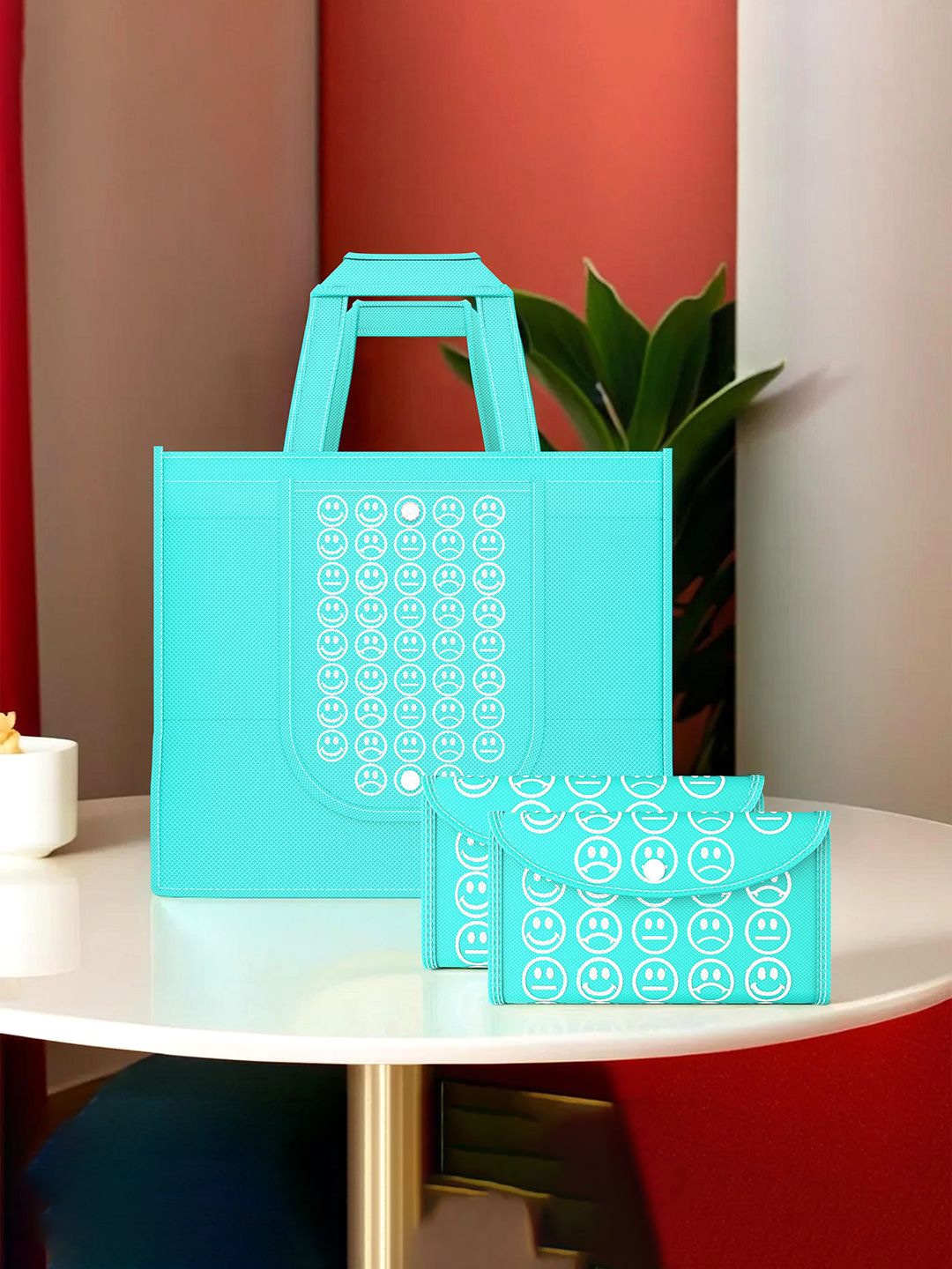 

Kuber Industries Set Of 3 Smiley Printed Lightweight Reusable & Foldable Shopping Bags, Blue