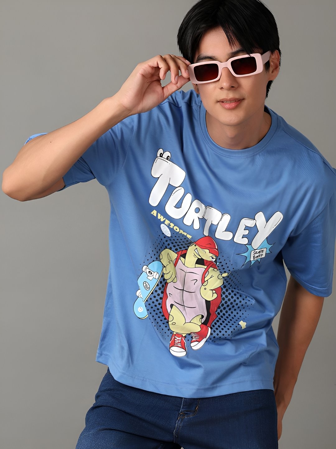

V-Mart Men Graphic Printed Round Neck Cotton Oversized T-Shirt, Blue