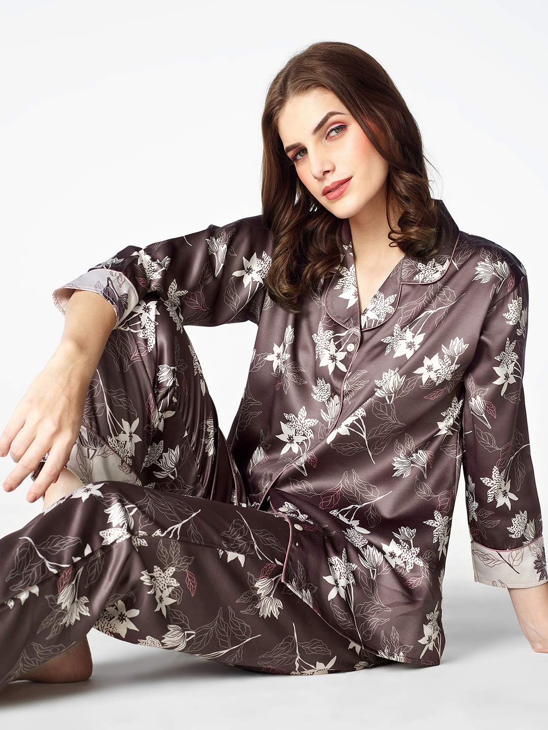

Zeyo Women Floral Printed Satin Night Suit, Brown