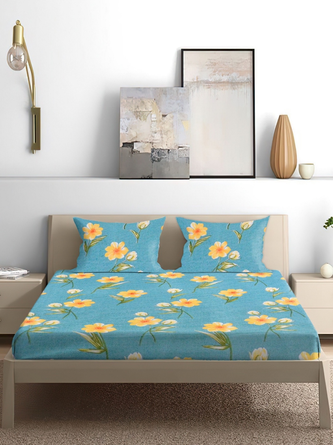 

SCENTRA Sea Green & Yellow Floral Printed 160 TC Queen Bedsheet with 2 Pillow Covers