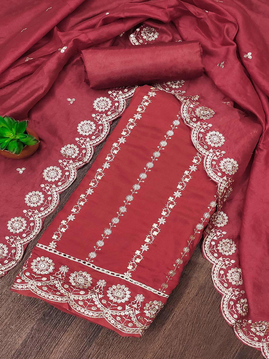 

Peachmode Thread Work Pure Cotton Unstitched Dress Material, Maroon