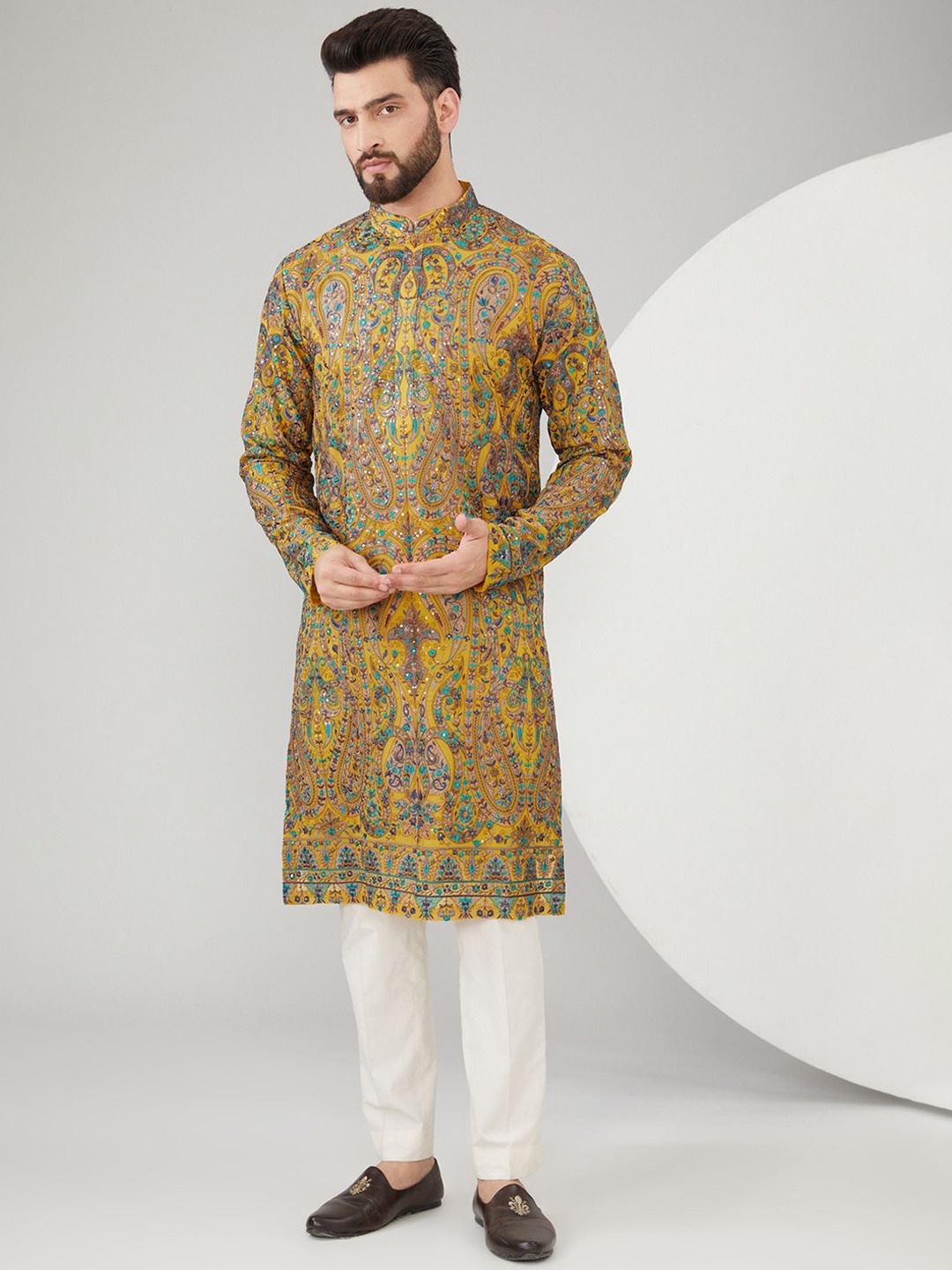 

KASBAH CLOTHING NISHCHAIY SAJDEH Ethnic Paisley Embroidered Thread Work Georgette Kurta, Yellow