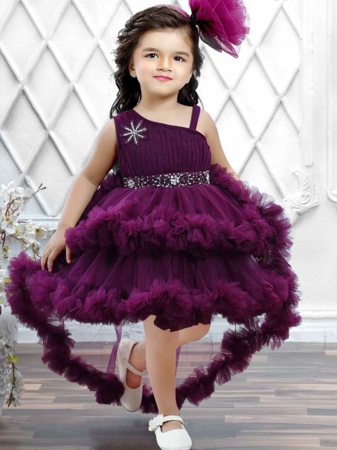 

Lagorii Girls Ruffled Net Fit & Flare Dress, Burgundy