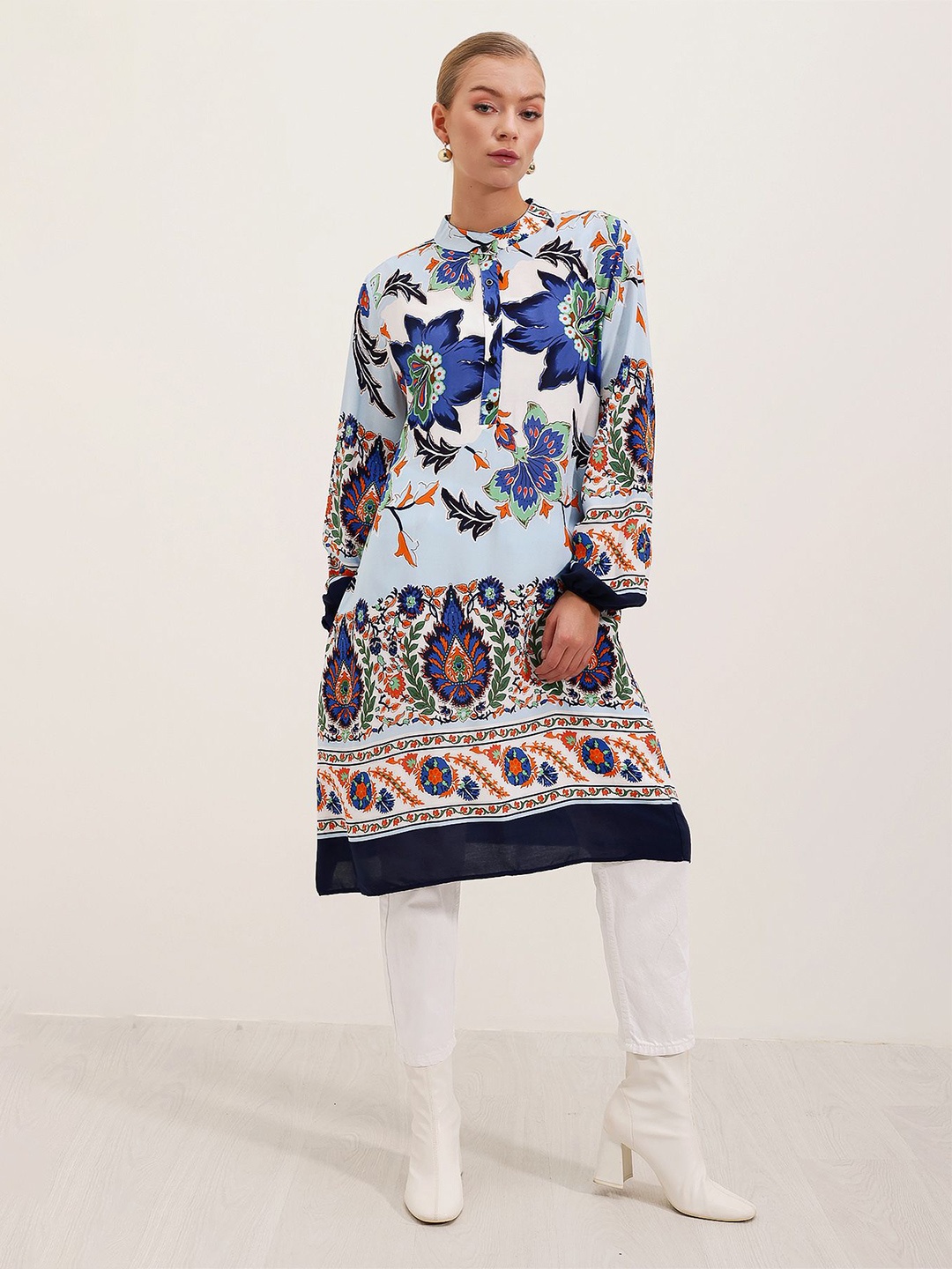 

BIGDART Floral Print Round Neck A-Line Dress, Blue