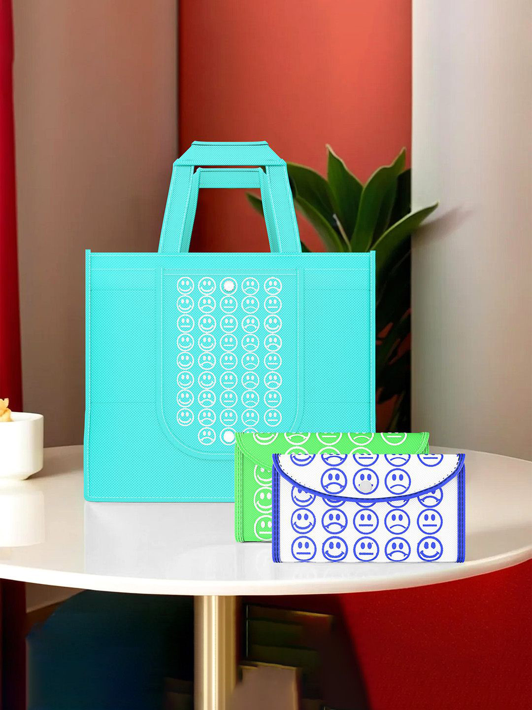 

Kuber Industries Set of 3 Smiley Printed Lightweight Foldable & Reusable Shopping Bags, Blue
