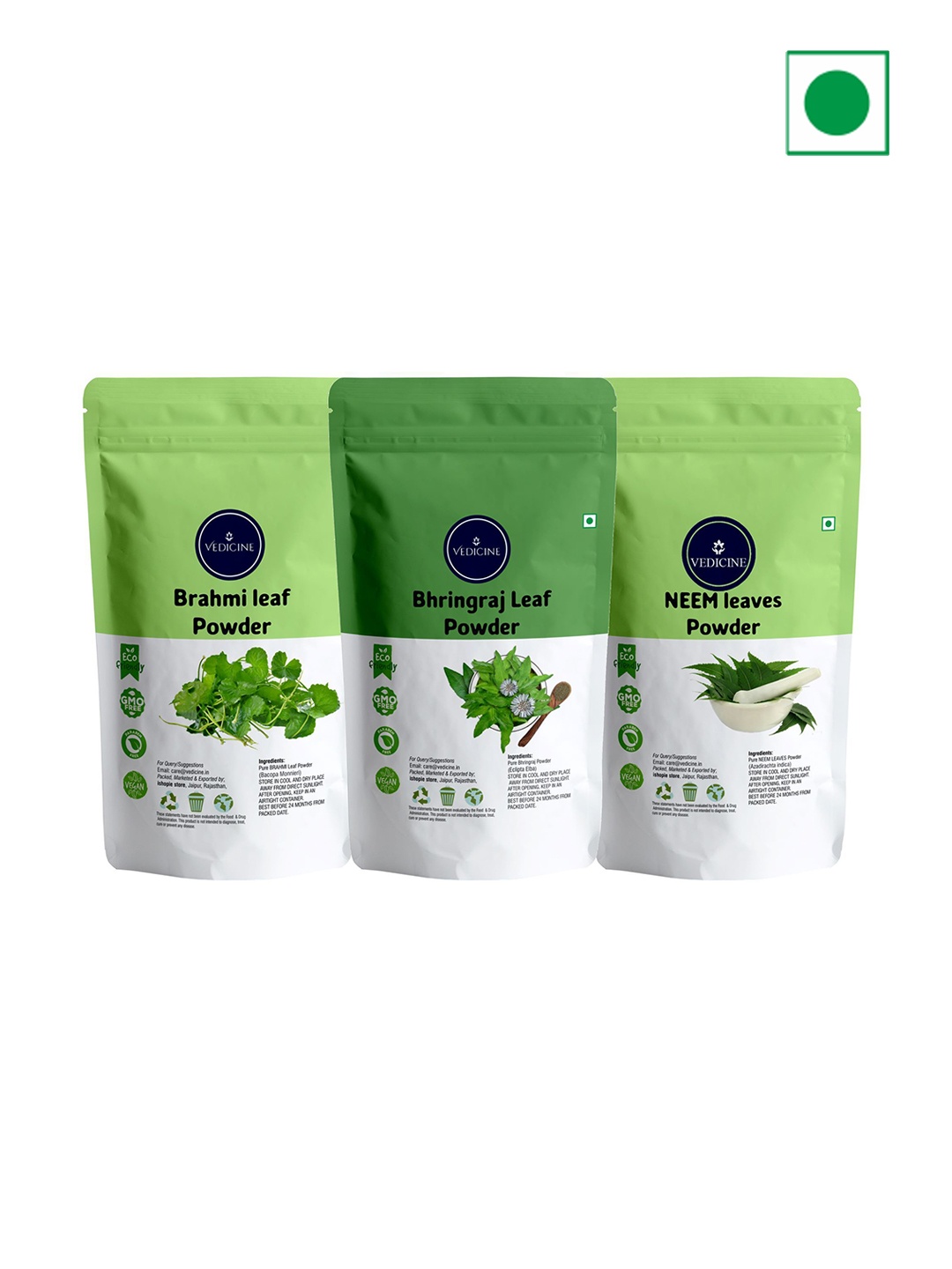 

VEDICINE Set Of 3 Brahmi Bhirngraj & Neem Leaf Powder For Hair Care - 100 g Each, Green