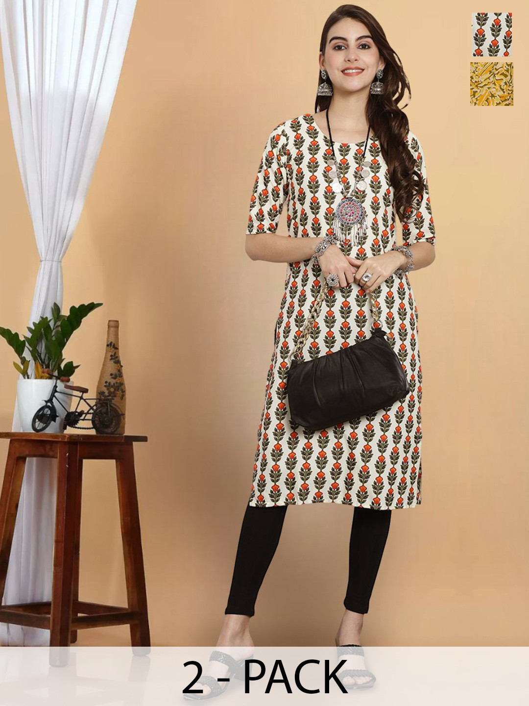 

7Threads Selection Of 2 Printed Straight Kurtas, White