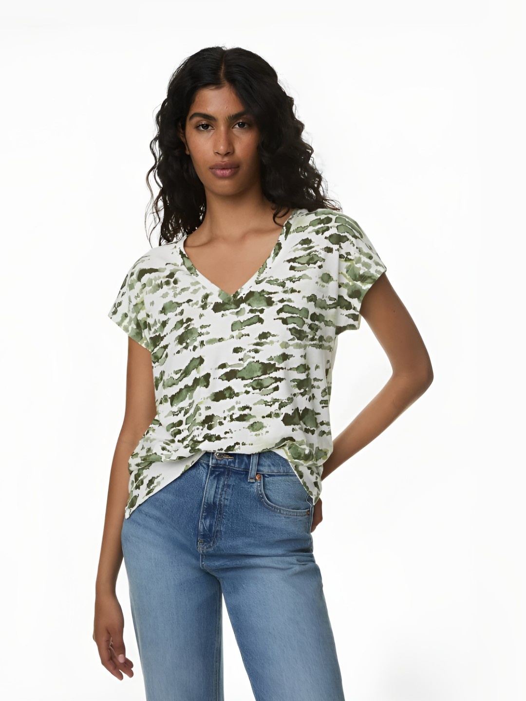 

Marks & Spencer Women Dyed V-Neck Cotton T-Shirt, Green