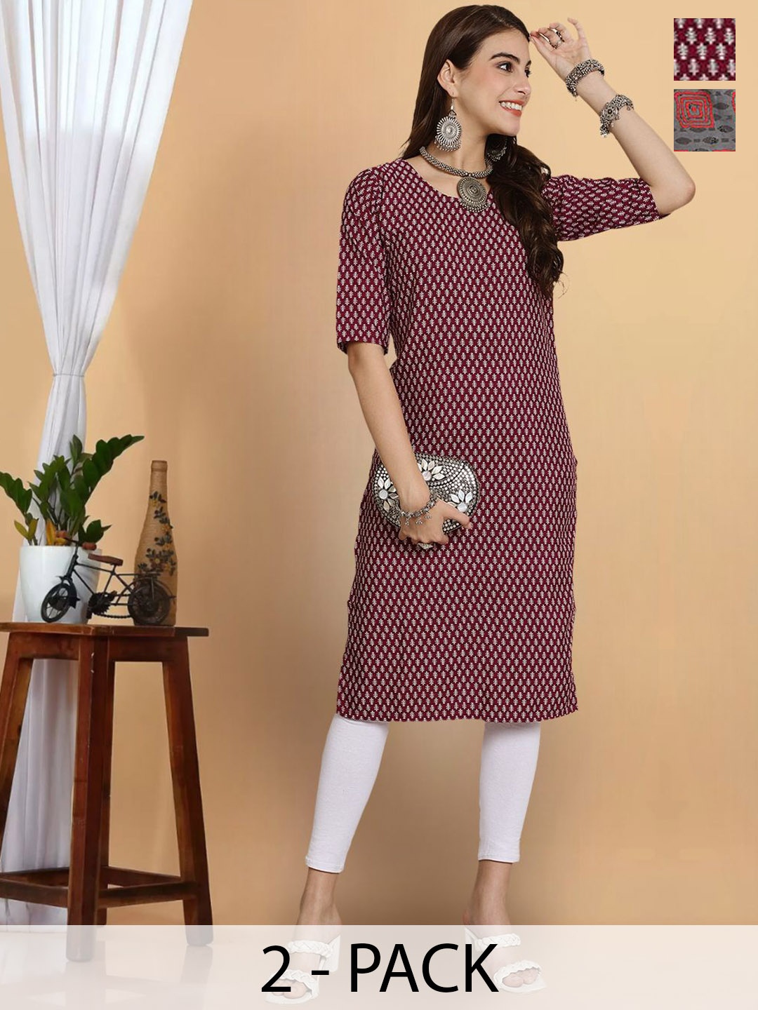 

7Threads Selection Of 2 Geometric Printed Round Neck Crepe Straight Kurta, Maroon