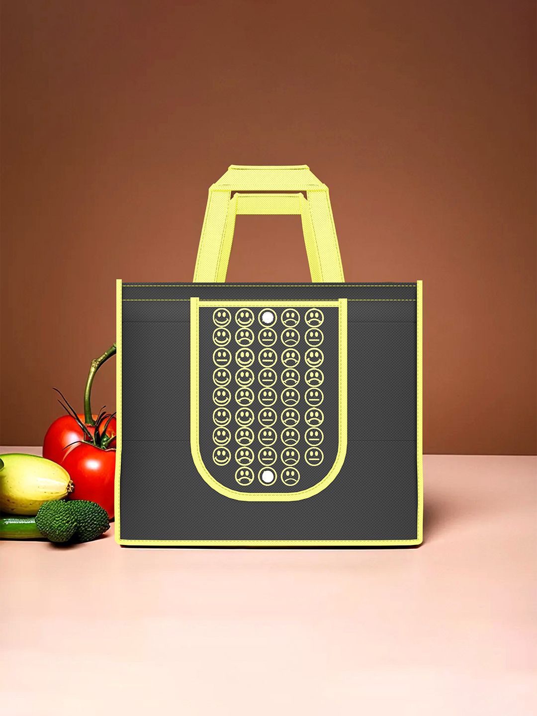 

Kuber Industries Set Of 5 Smiley Printed Lightweight Reusable & Foldable Shopping Bags, Black