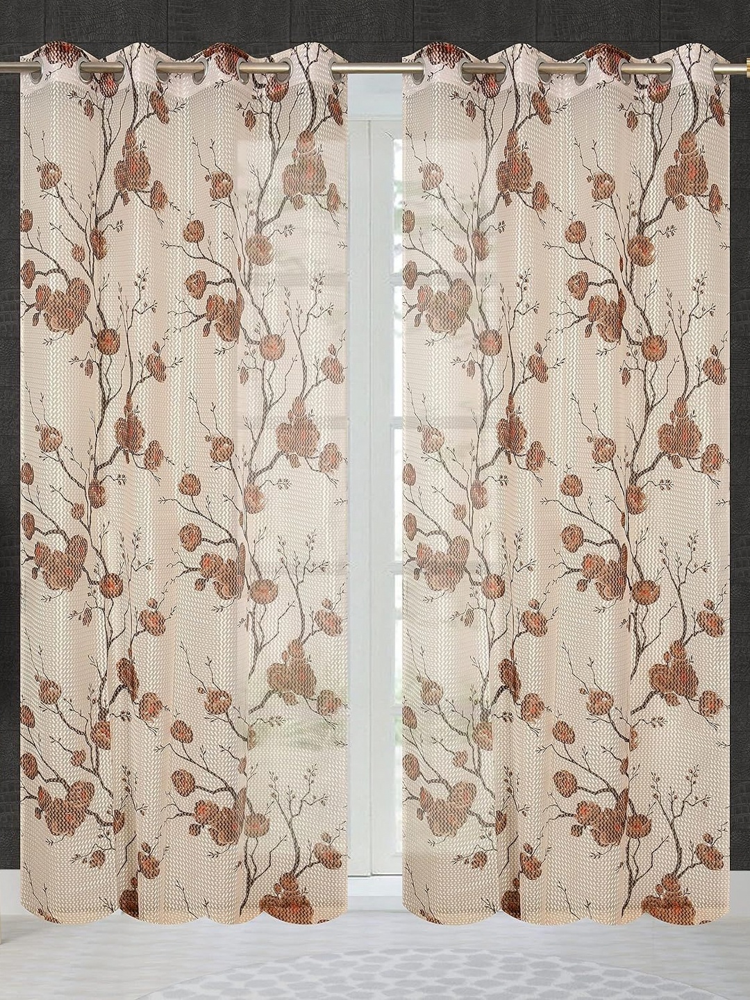 

JBG Home Store White & Brown 2 Pieces Floral Printed Sheer Window Curtain