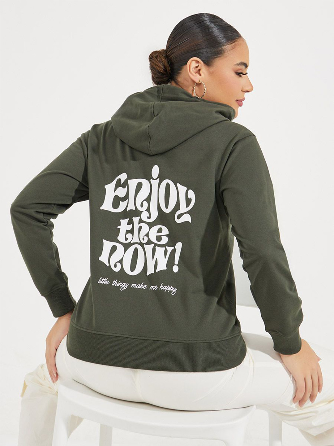 

Women Regular Length Regular Fit Sweatshirt Hoodie With Placement Text, Olive