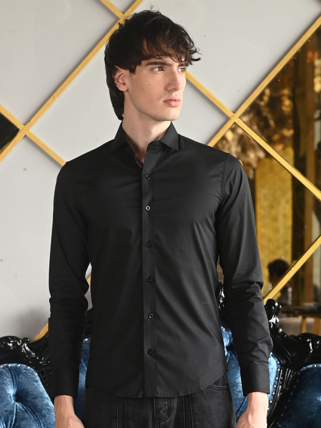 

ODETTE Men Spread Collar Solid Cotton Formal Shirt, Black